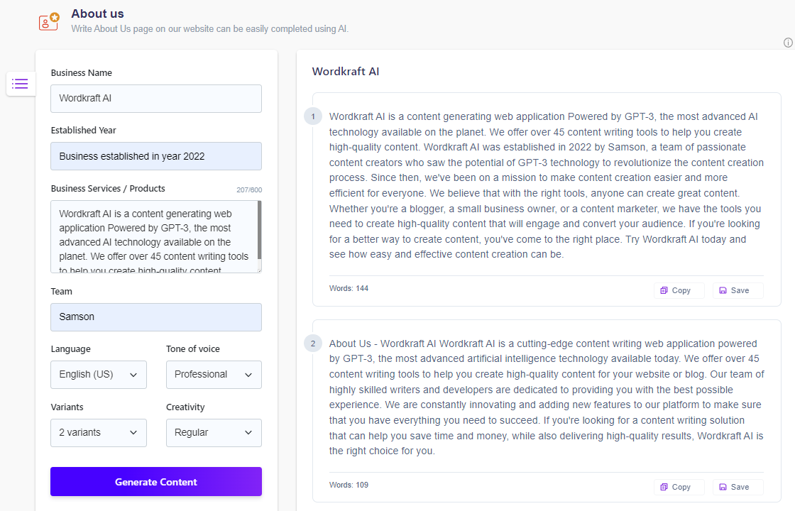 Free about us content generator wordkraft