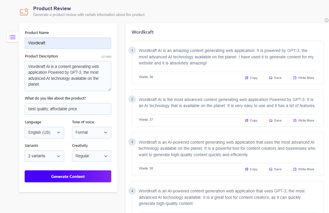 Product Review Generator Wordkraft