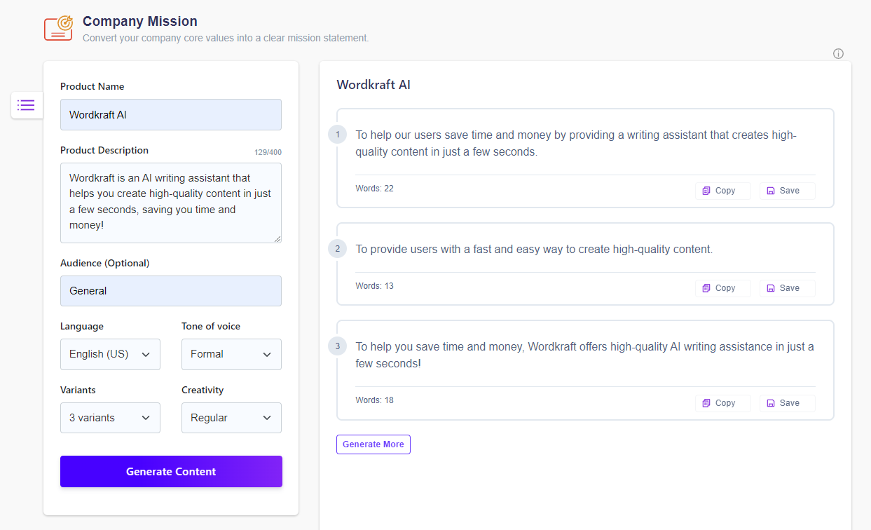 Company Mission Generator - Wordkraft