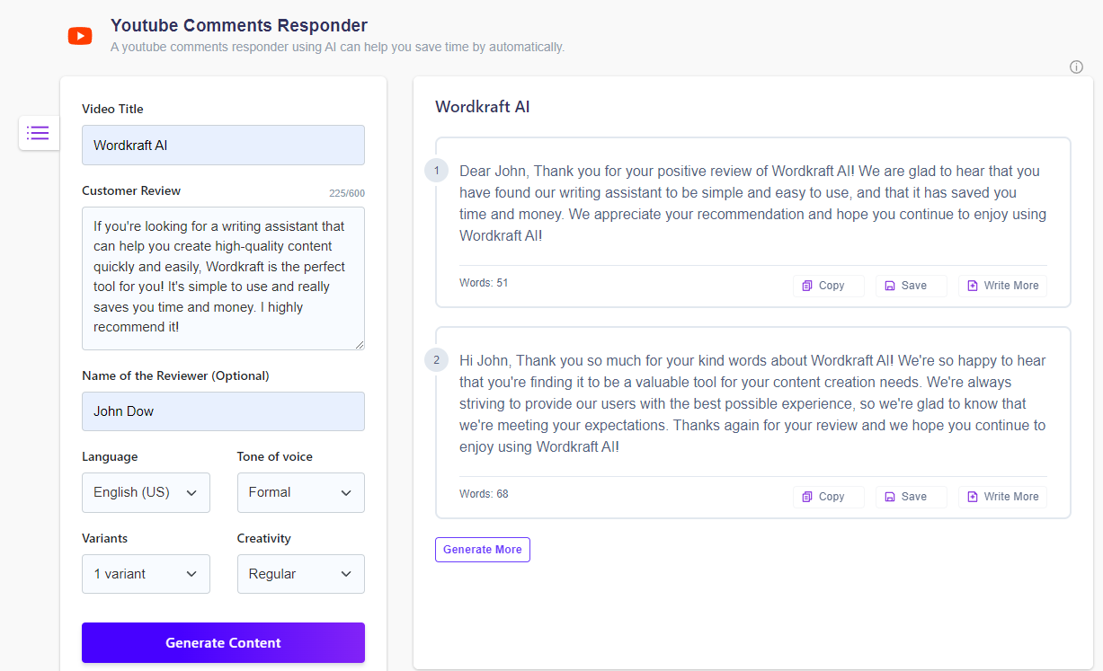 YouTube Comments Responder Generator - Wordkraft