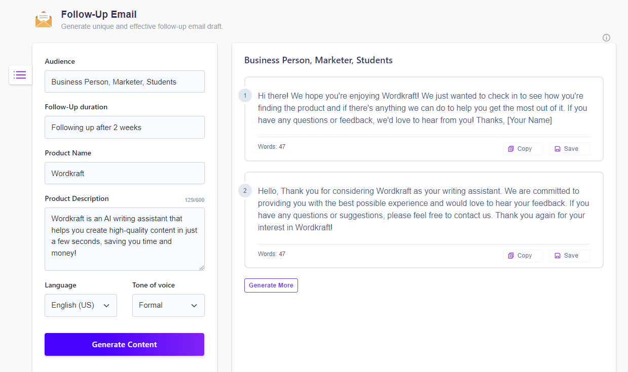 Follow-up Email Generator - Wordkraft